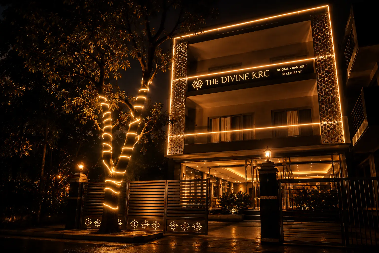 The Divine KRC boutique hotel exterior at dusk
