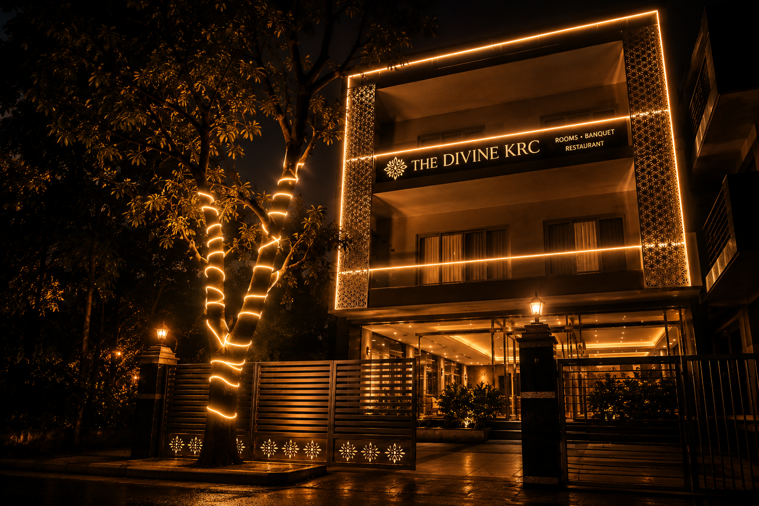 Exterior of The Divine KRC hotel and restaurant at dusk